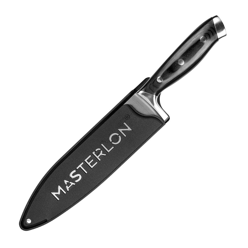 MASTERPAN Essential Chef’s Knife Bundle - 8" Chef’s Knife, 8" Slicer Knife & 7" Santoku Knife - Stainless Steel Blades with Protective Covers