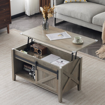 Lift Top Coffee Table 36" Farmhouse Rustic Wood Hidden Storage & Sliding Barn