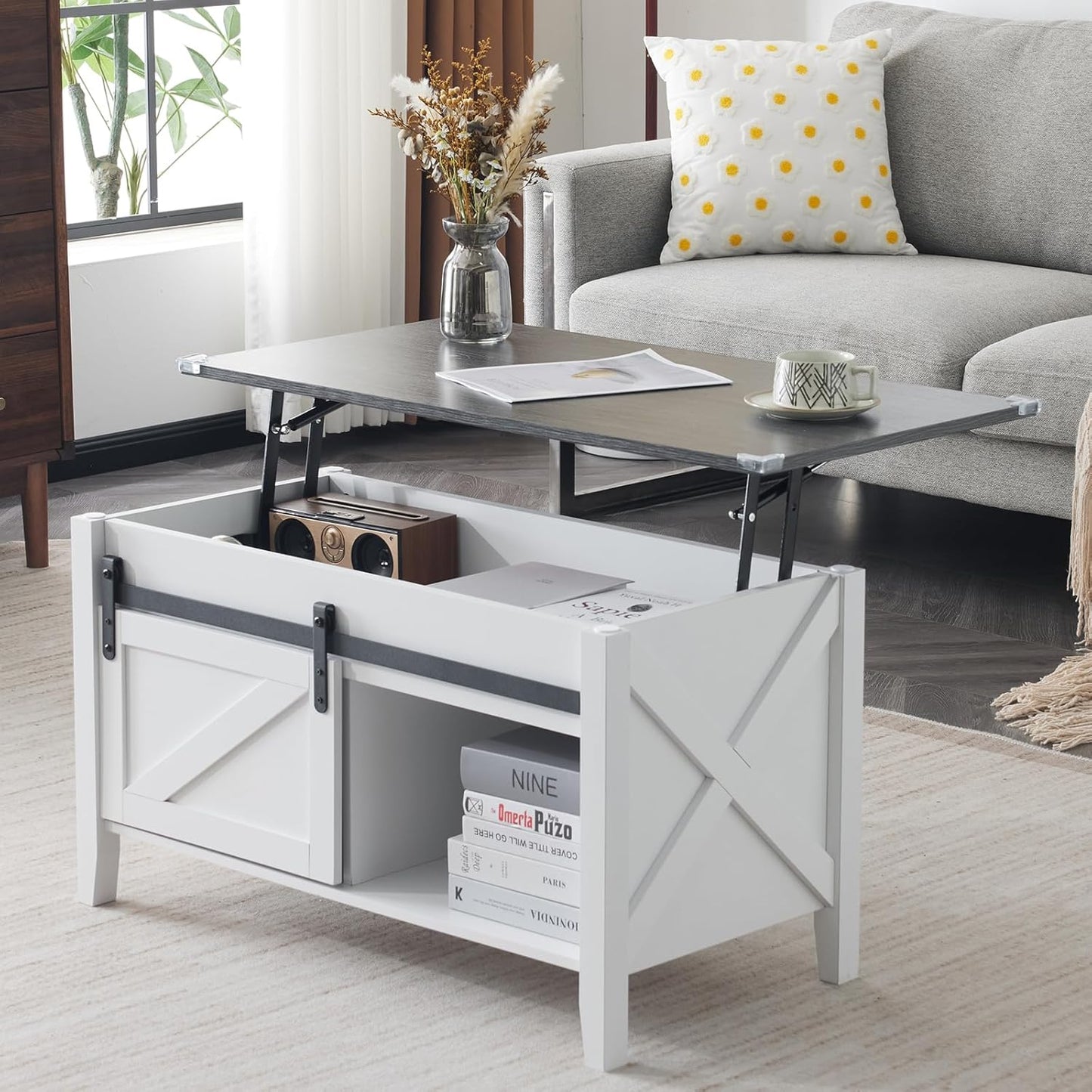Lift Top Coffee Table 36" Farmhouse Rustic Wood Hidden Storage & Sliding Barn