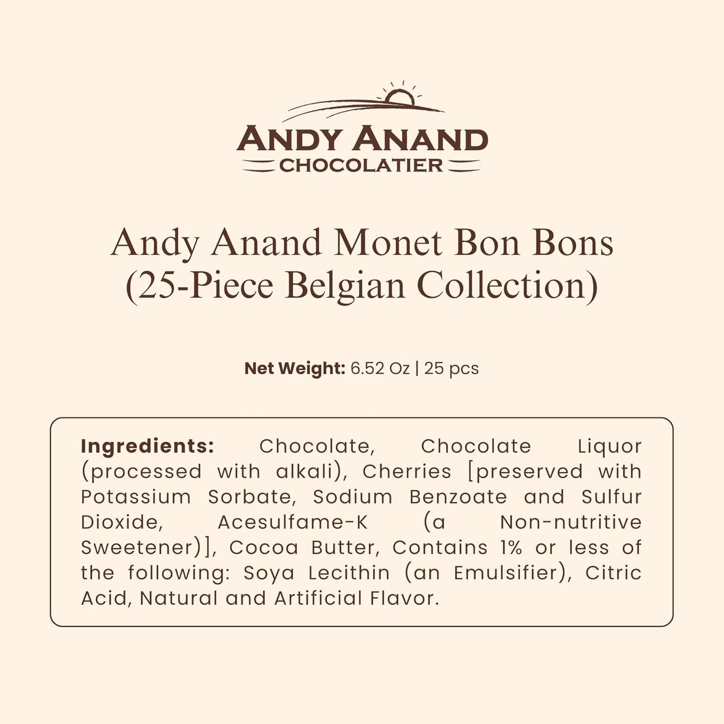 Andy Anand Chocolatier Gourmet Chocolate Bonbons Gift Box, 25 Pcs (6.52 oz) Belgian Assorted Truffles & Pralines, Gluten Free Luxury Chocolate Gift Collection