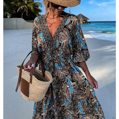 Bohemian Style V-Neck Floral Maxi Dress for Women