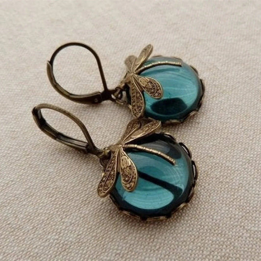 Fashion Jewelry Vintage Dragonfly Pattern Earrings Distressed Moonstone