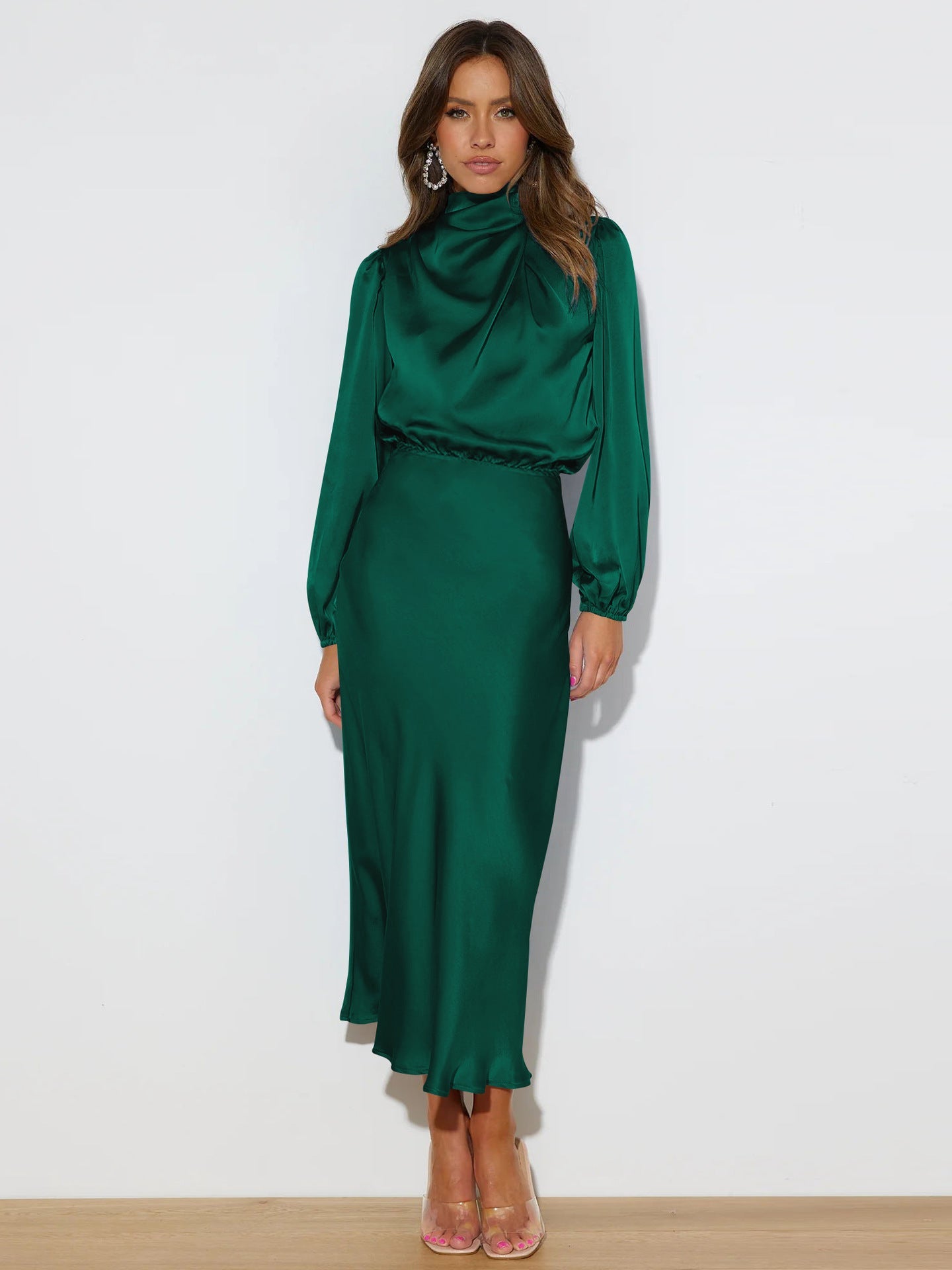 Autumn High Grade Satin Long Sleeve Loose Dress Elegant Women Evening Dress
