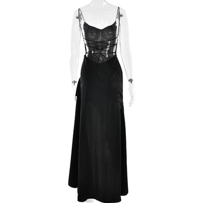 elegant satin long skirt personality suspender ruffle high slit dress club clothing