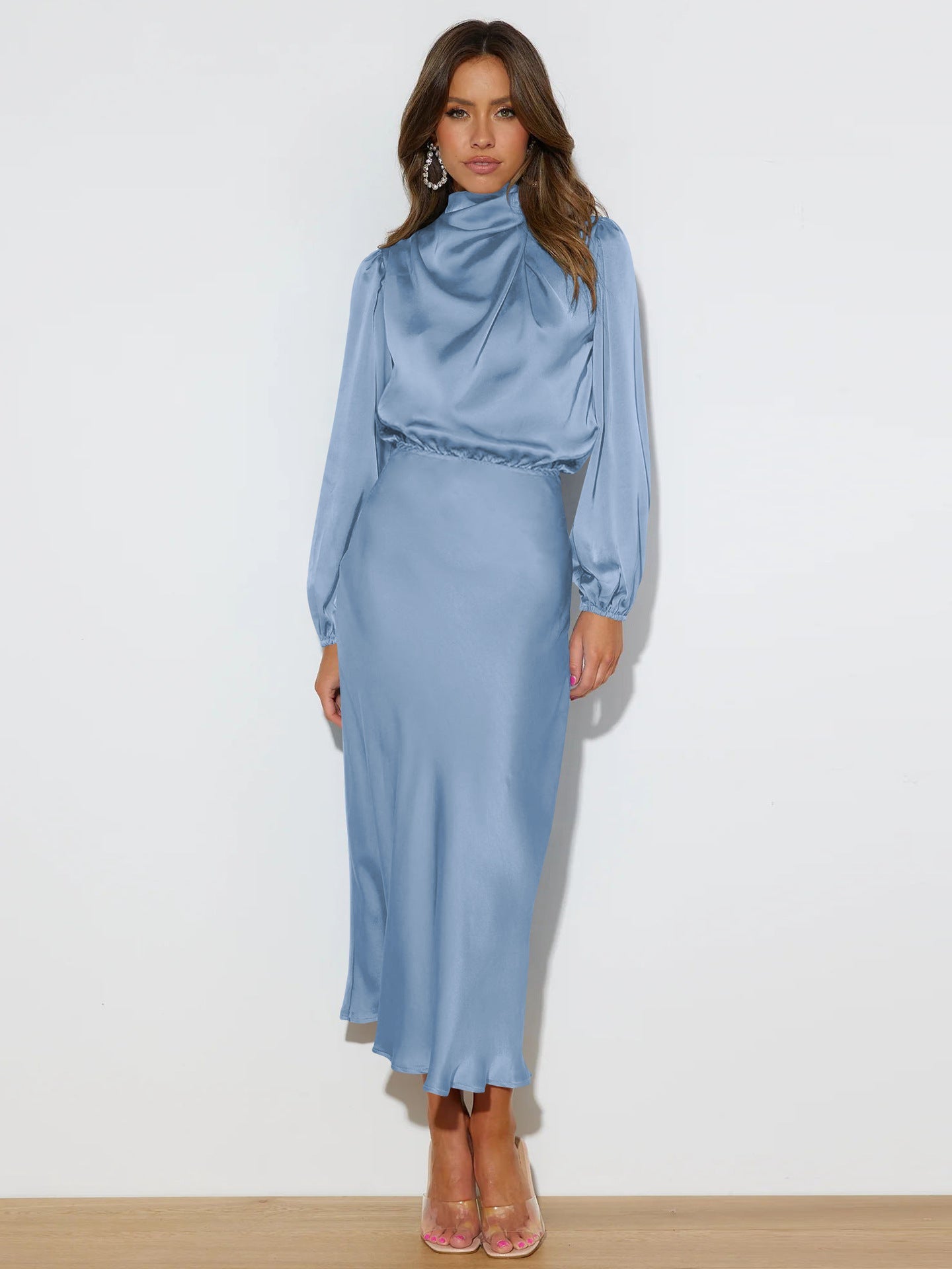 Autumn High Grade Satin Long Sleeve Loose Dress Elegant Women Evening Dress