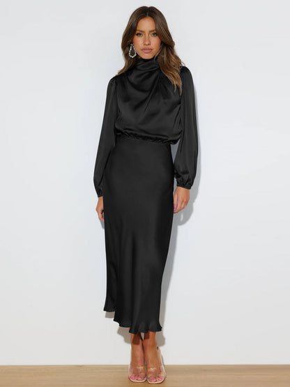 Autumn High Grade Satin Long Sleeve Loose Dress Elegant Women Evening Dress