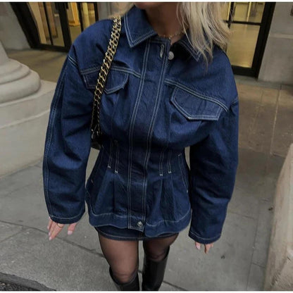Women's Retro Washed Lapel And Waist Tight Denim Coat