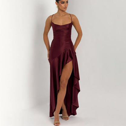 elegant satin long skirt personality suspender ruffle high slit dress club clothing