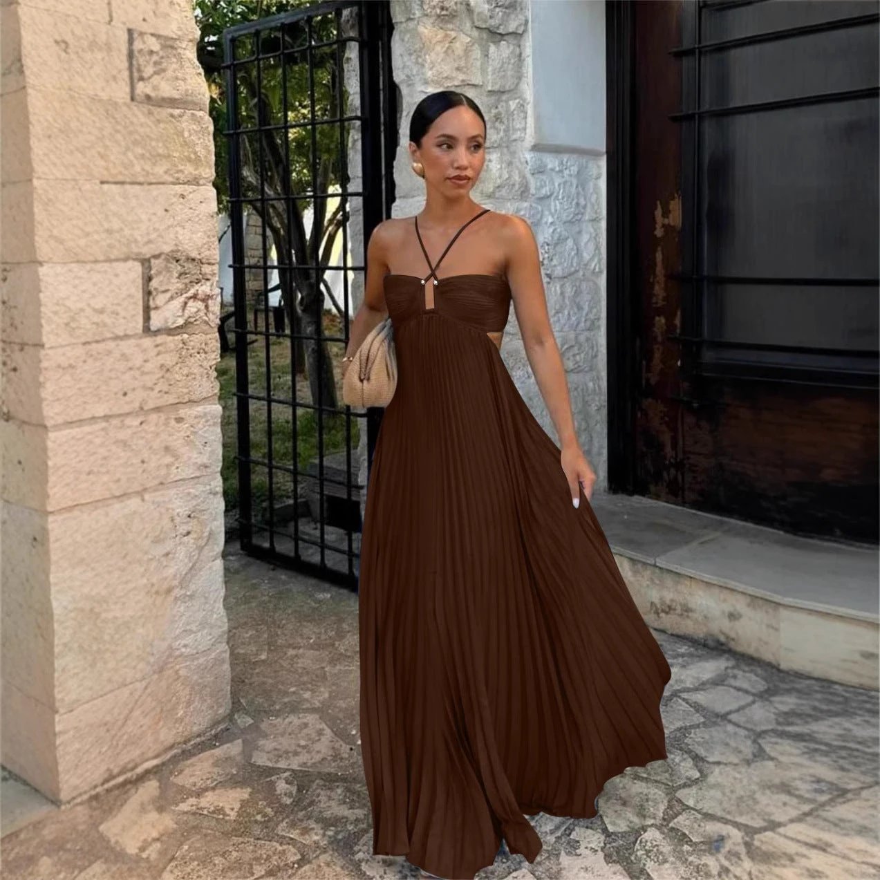 Pure Color Tube-top Pleated Sleeveless Sling Dress