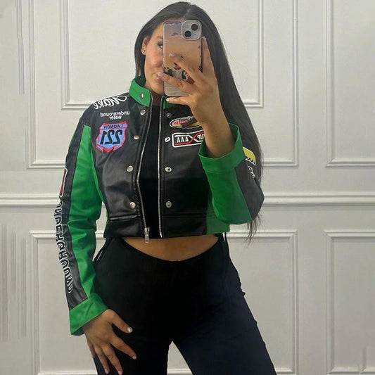 Women's Cropped Printed Long Sleeve Baseball Uniform Coat