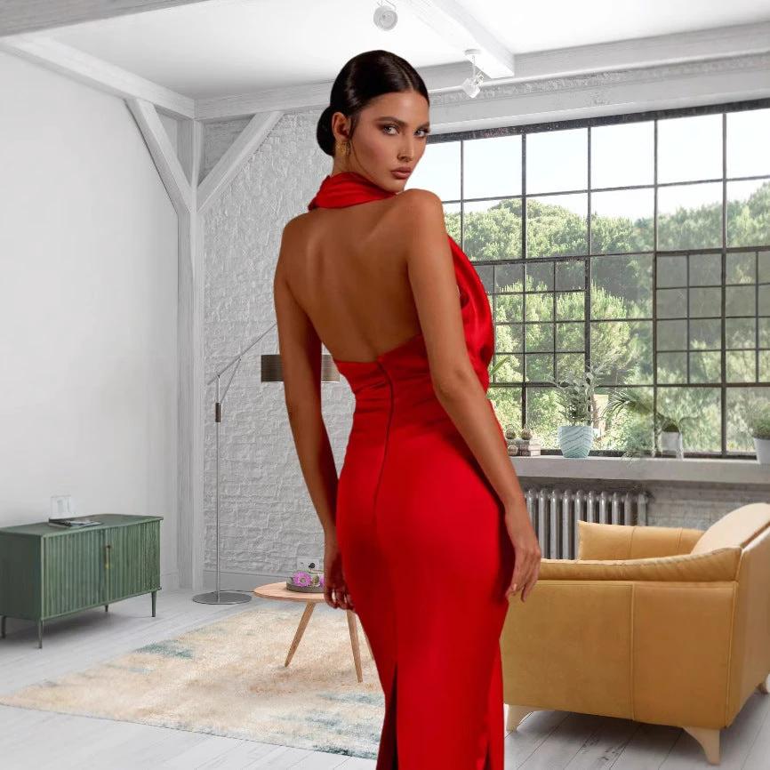 Sexy Slim Fit Slimming Halter Pendant Collar Backless Dress V-neck