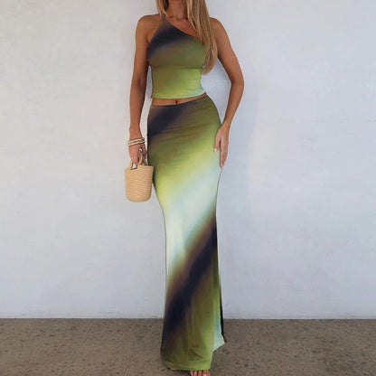Female Gradient Color One Shoulder Backless Casual Slim Fit Long Dress Suit