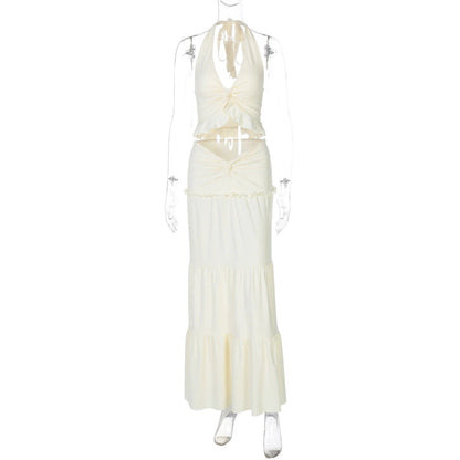Women's V-neck Ruffled Halter Spaghetti Straps Detail Twisted Dress Suit