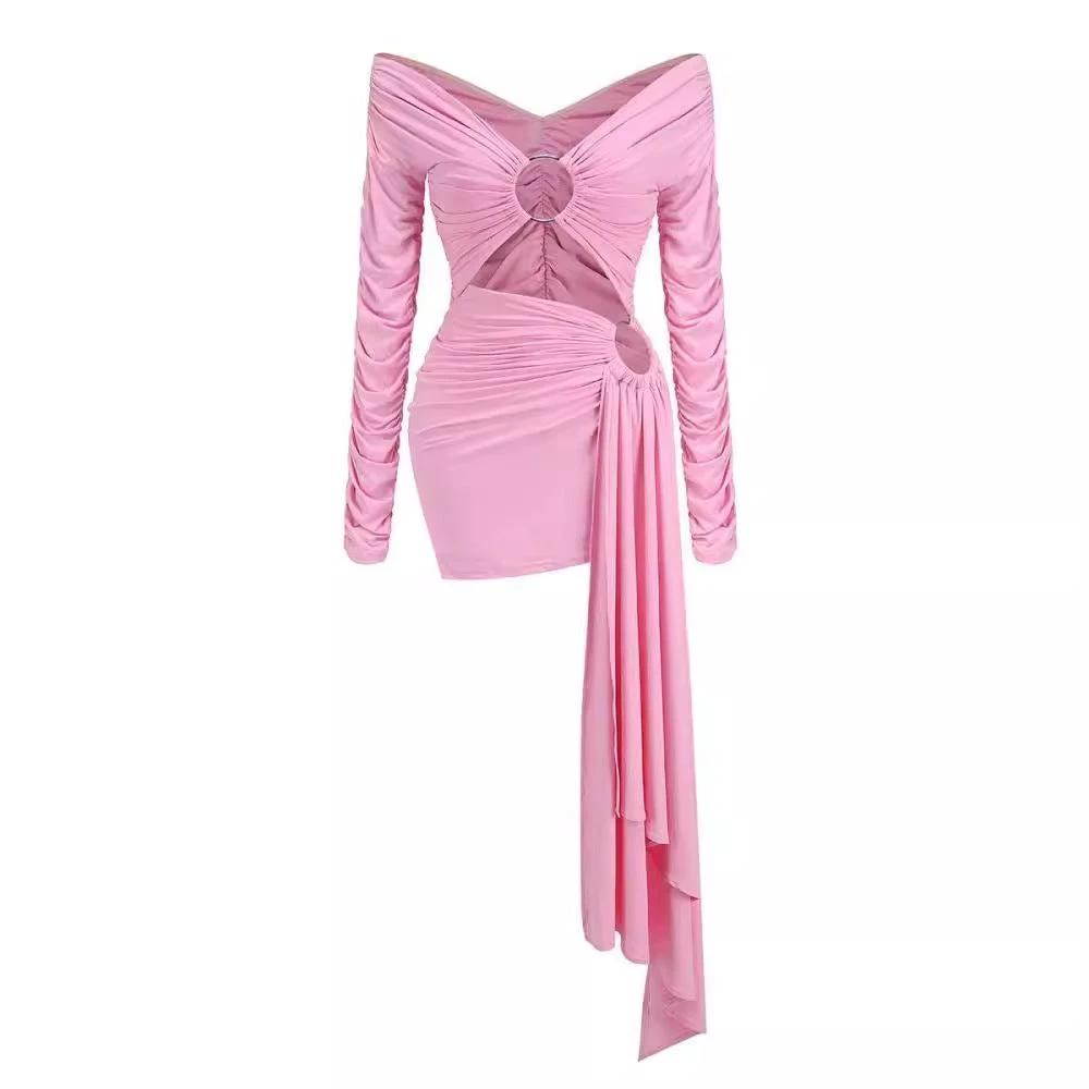 Sexy Off-neck Women's Clothing Solid Color Dress