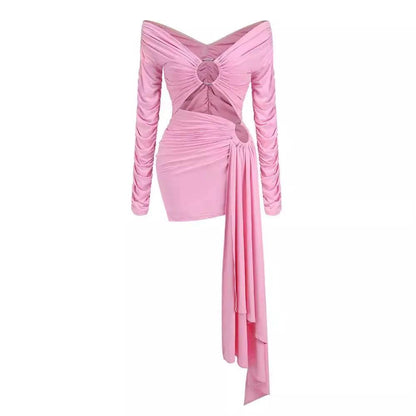 Sexy Off-neck Women's Clothing Solid Color Dress
