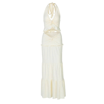 Women's V-neck Ruffled Halter Spaghetti Straps Detail Twisted Dress Suit