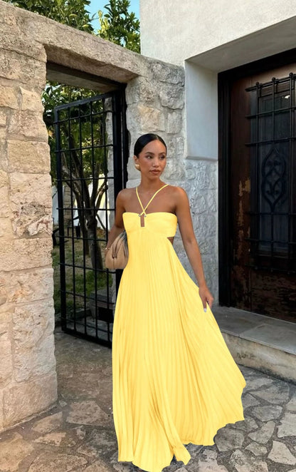 Pure Color Tube-top Pleated Sleeveless Sling Dress