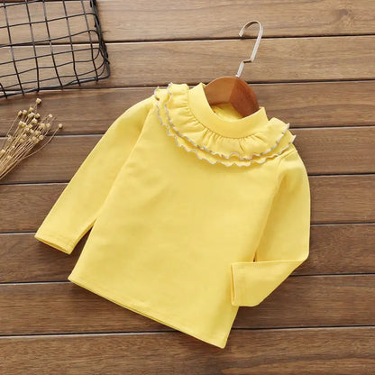 Girls' Solid Color Lace Round Neck T-shirt