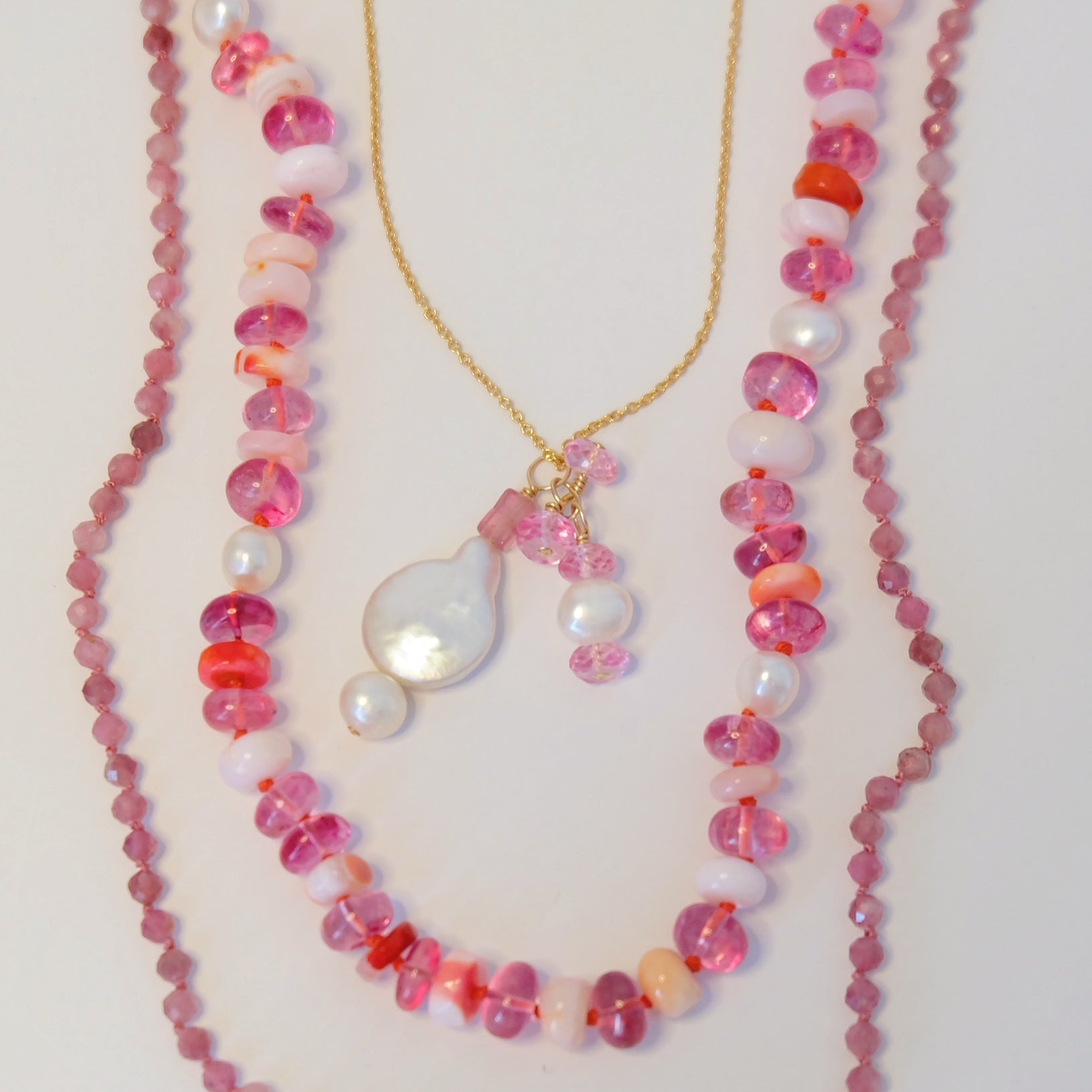 Pink Tourmaline Pearl Charm Necklace