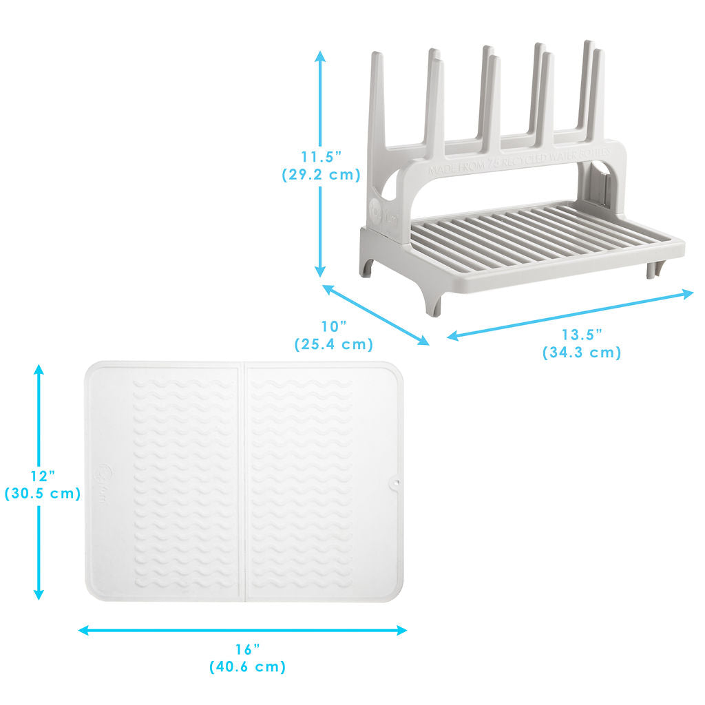 PopYum Seattle Gray Drying Rack from 100% Recycled Bottles with Silicone Drying Mat, countertop for Baby Bottle, Plastic Bags, Cups, Compact