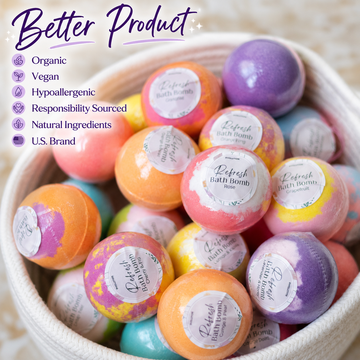 EvolutionUSA 24pc Refresh Bath Bombs for Women & Kids