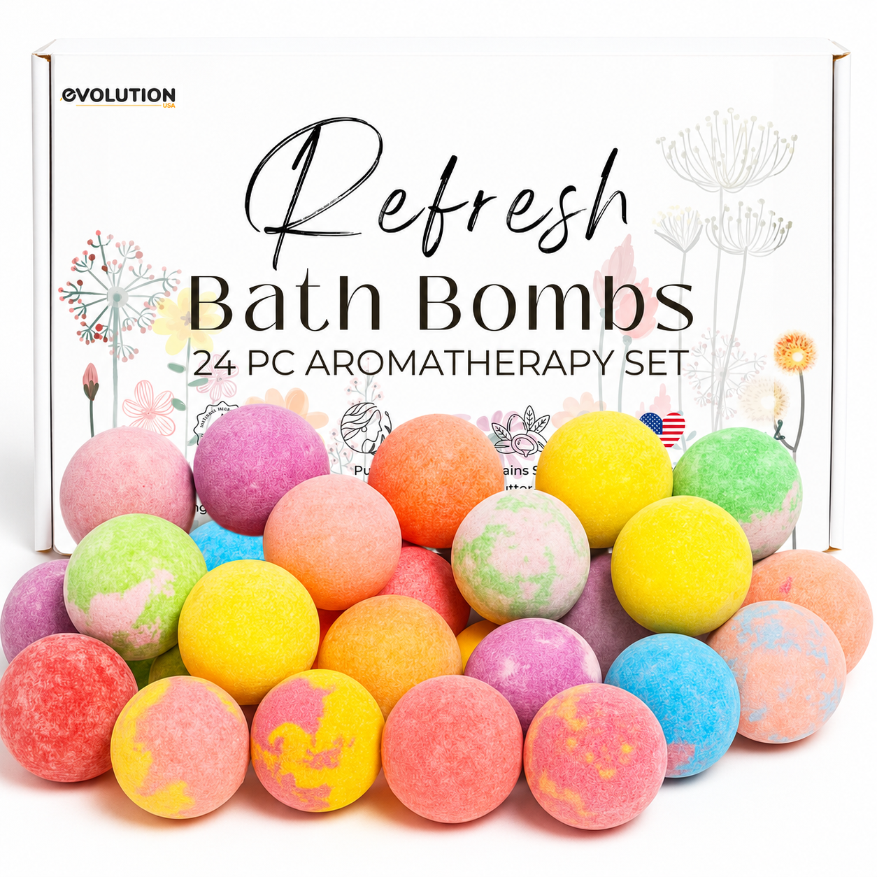 EvolutionUSA 24pc Refresh Bath Bombs for Women & Kids