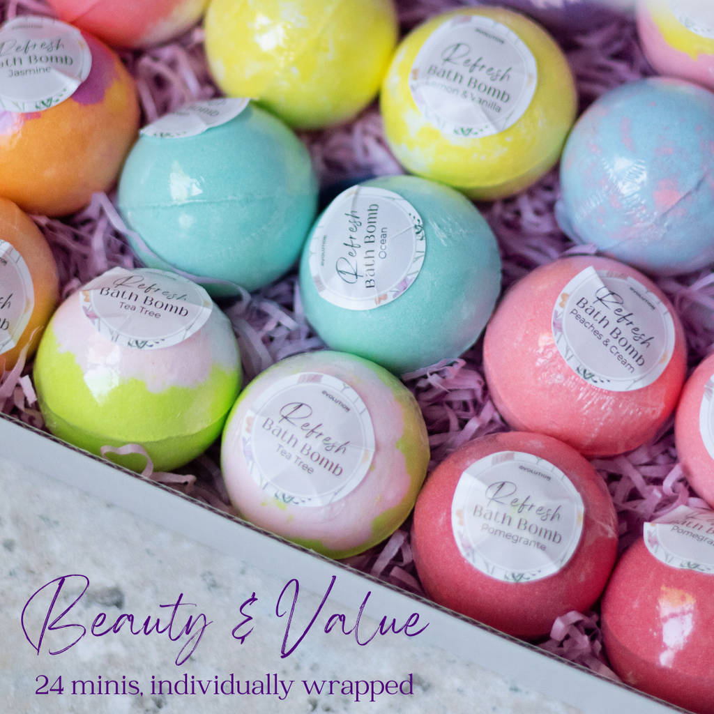 EvolutionUSA Refresh Bath Bombs for Women & Kids – 24 Lush Bath Bombs Mini Sized, Organic Bathbomb Set, Women & Kids Bath Fizz, Luxury Gift for Mother’s Day, Easter, Valentines, Birthday or Self Care