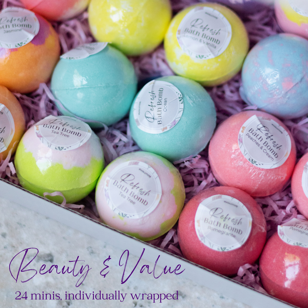 EvolutionUSA Refresh Bath Bombs for Women & Kids – 24 Lush Bath Bombs Mini Sized, Organic Bathbomb Set, Women & Kids Bath Fizz, Luxury Gift for Mother’s Day, Easter, Valentines, Birthday or Self Care