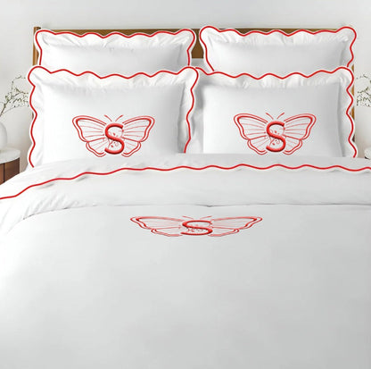 Monogram 400TC Cotton Scallop Embroidery Sateen Solid Duvet Cover Set