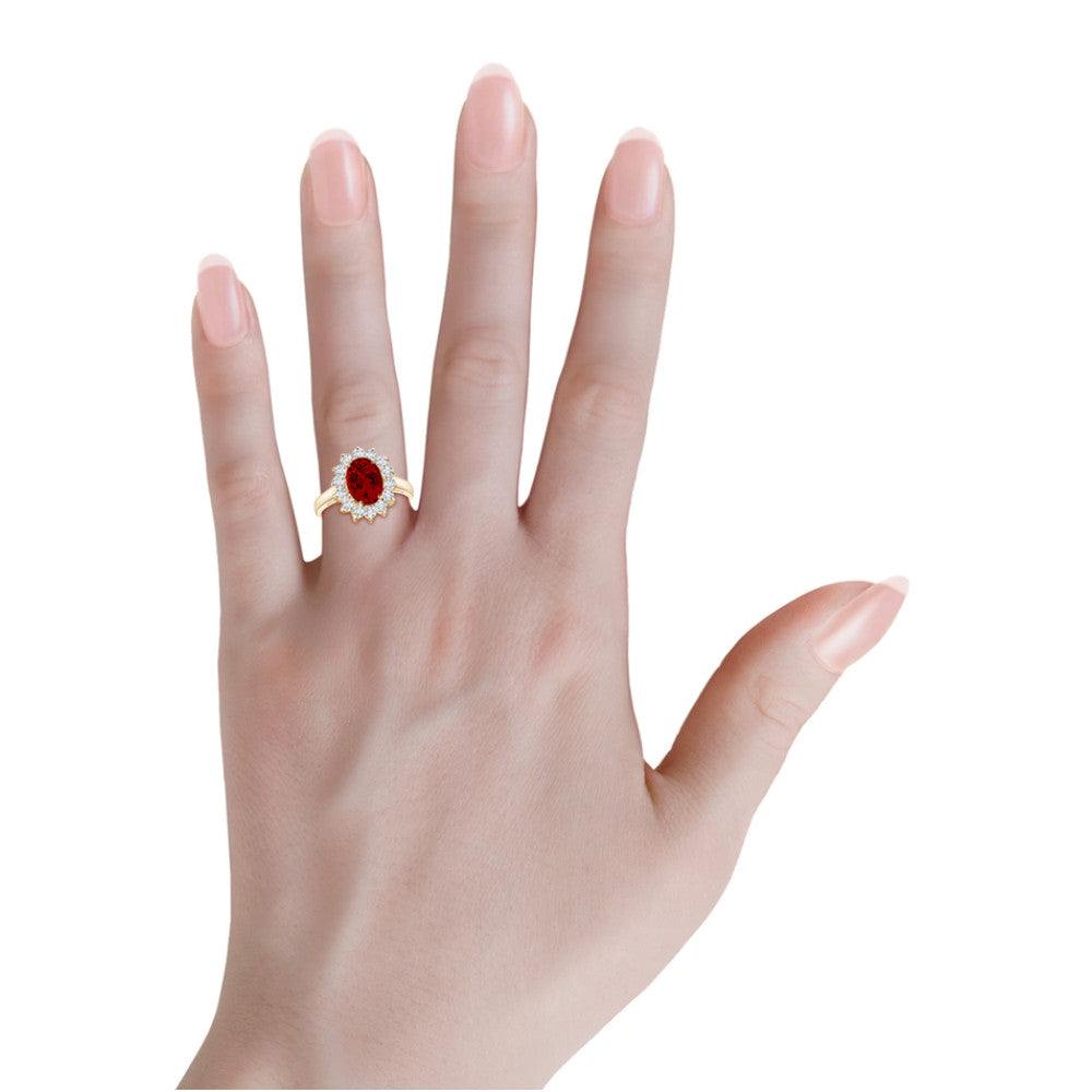 AGI Certified 3CTW Oval Lab Ruby Princess Diana Engagement Ring With Lab Diamond Halo in Choice of 14K White or Yellow Gold – 9x7mm