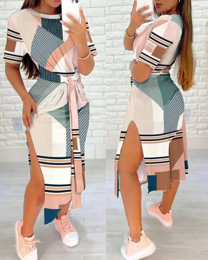 White Leopard Print Dress Tied Detail Slit Side Split Dress