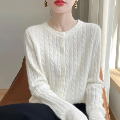 Long Sleeve Knitted O-neck Basic Thick Warm Cardigan