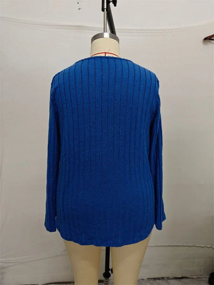Plus Size Solid V-neck Chain Loose Long Sleeved Rib-knit Light Sweater