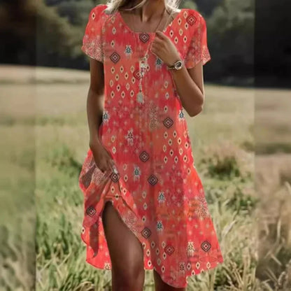 Artistic Ethnic Style Round Neck Medium-Length Dress Summer