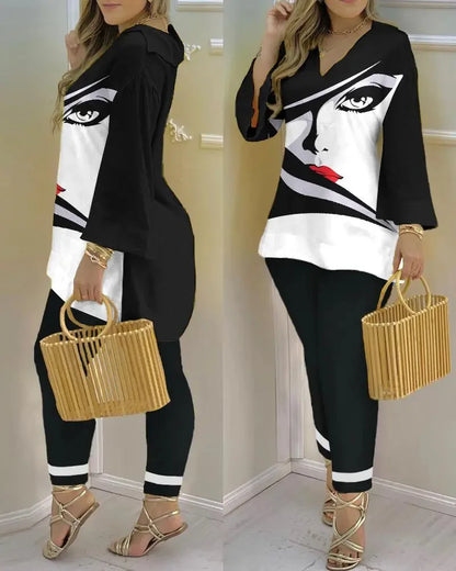 Long Sleeve V-neck Polyester Printing Two Pieces Sets