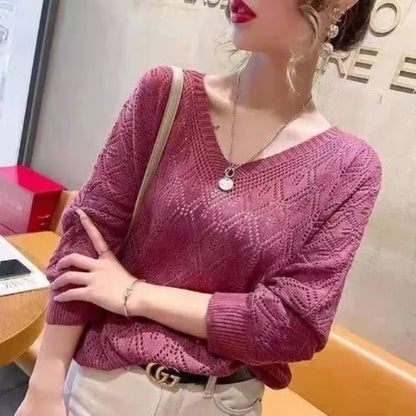 V-neck Crochet Hollow Knit Loose Bat Long Sleeve Sweater