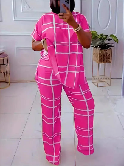Elements Striped Grid Printed Casual Round Neck  Two Piece Set