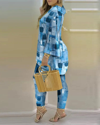 Long Sleeve V-neck Polyester Printing Two Pieces Sets