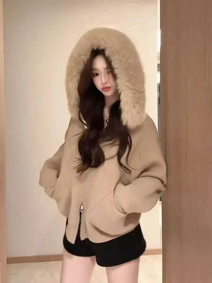 Autumn Loose Hooded Knitted Coat Pure Color Casual Coats