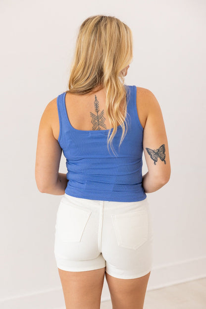 Bella Square Neck Rib Knit Tank Top, Blue