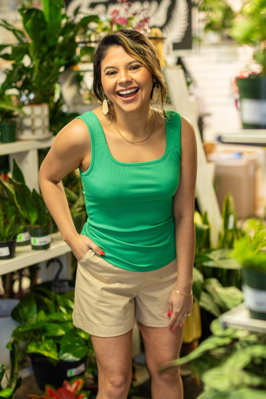 Bella Square Neck Rib Knit Tank Top, Green