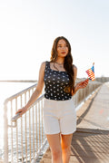 Bella Square Neck Rib Knit Tank Top, Navy Stars