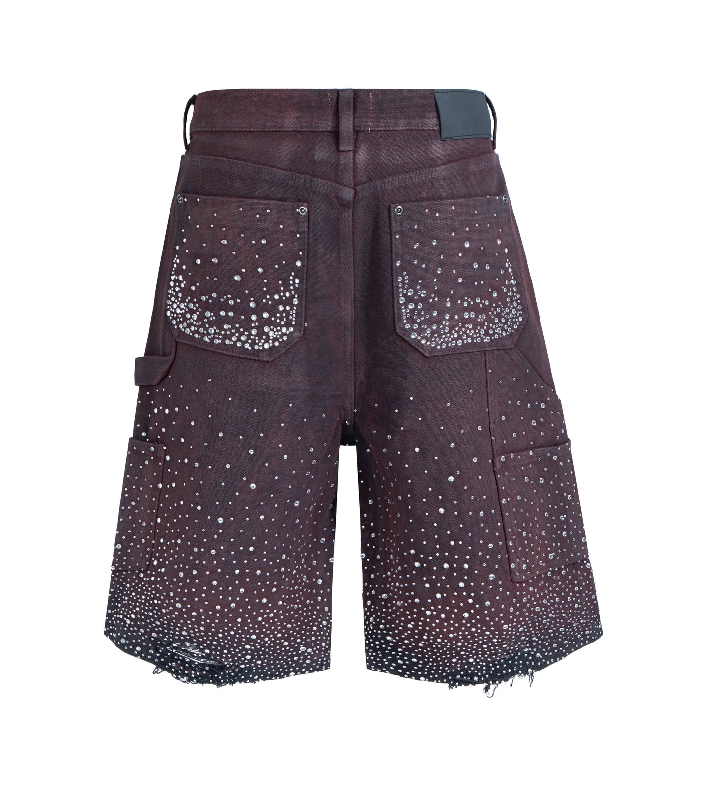 Purple shorts with rhinestone embellishments on a white background