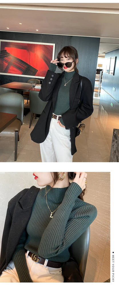 Pullover Long Sleeve Mock Neck Knitted Women Sweater