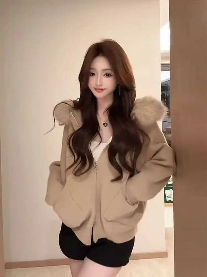 Autumn Loose Hooded Knitted Coat Pure Color Casual Coats