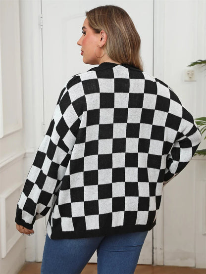 Plus Size Plaid Open Front Knitted Cardigan