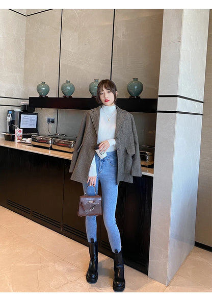 Pullover Long Sleeve Mock Neck Knitted Women Sweater