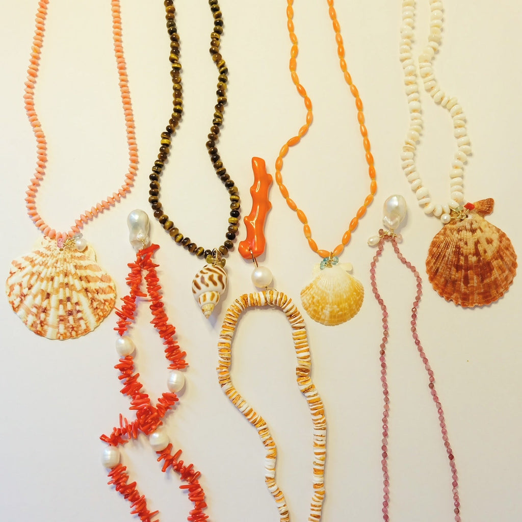 Coral Necklace With Shell and Apatite Charms