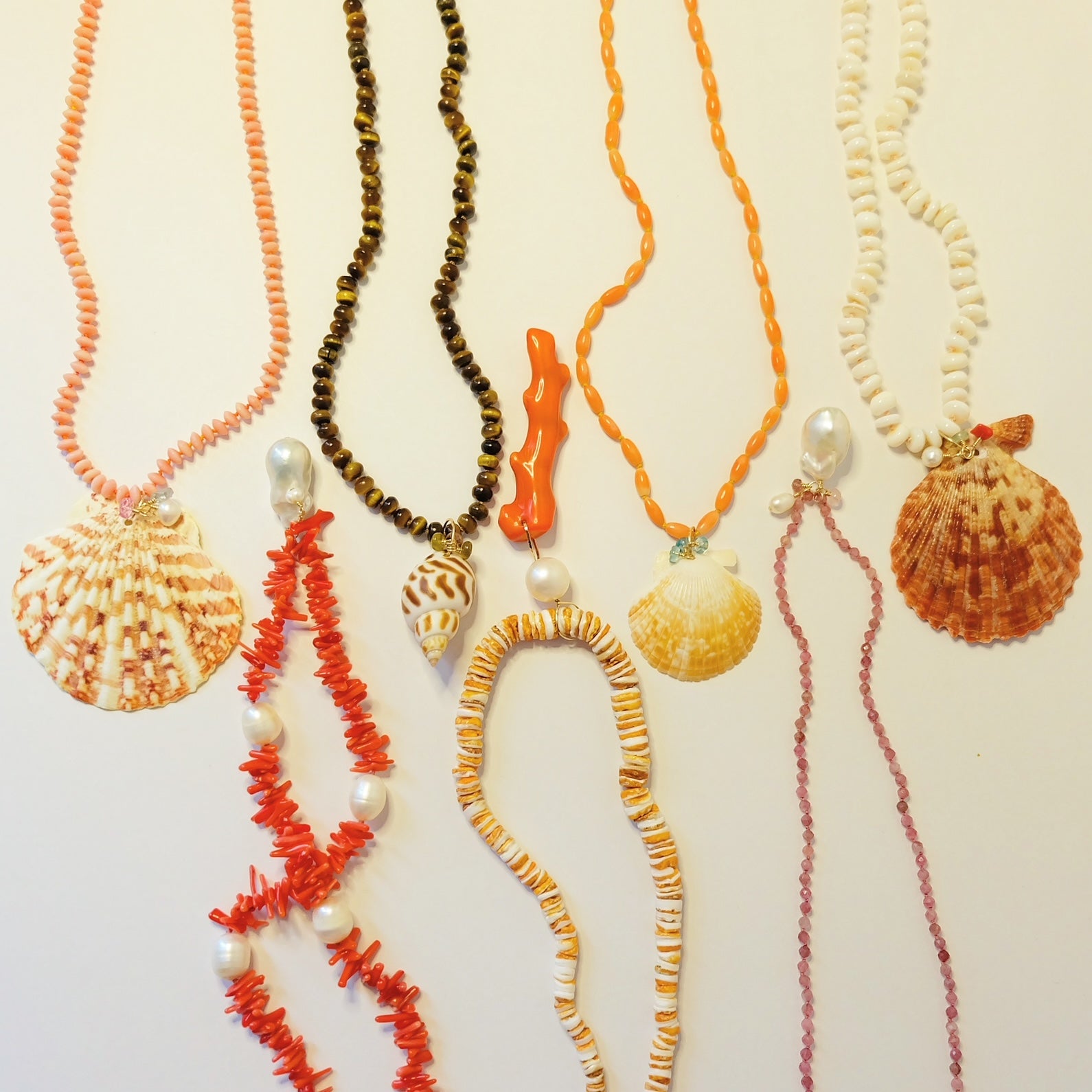 Coral Necklace With Shell and Apatite Charms