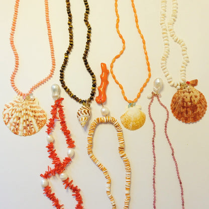 Coral Necklace With Shell and Apatite Charms